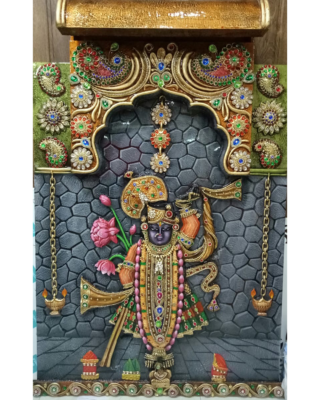 Riddhi Siddhi Art Creations - Intricate Black & Gold Tanjore Style Srinathji Mural